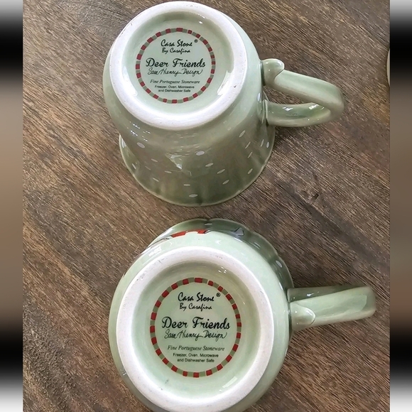 Casafina Deer Friends Mug Pair Red Nosed Reindeer Polka Dot Print On Green Sage - Picture 2 of 9